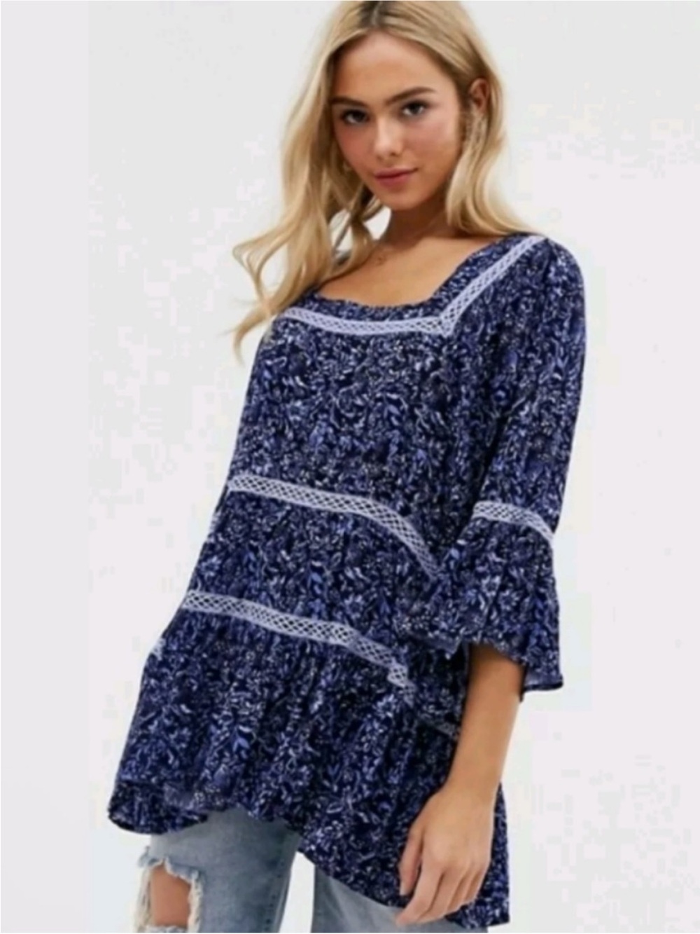 Free People Talk About It Tunic Top Women’s Large Blue Floral Lace Boho Cottage - Picture 2 of 11
